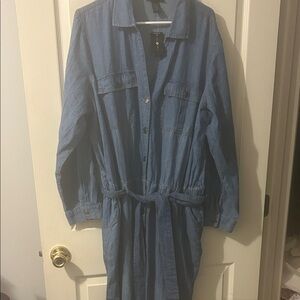 Ashley Stewart Denim Button-Up Jumpsuit with Waist Tie